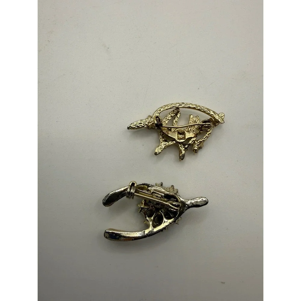 Vintage Gold Tone Brooch Set‎ Green Rhinestone Wishbone Abstract Modernist Pins
